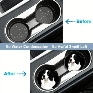 Detail view of car cup coasters featuring cute dog pattern, anti-slip and waterproof design.
