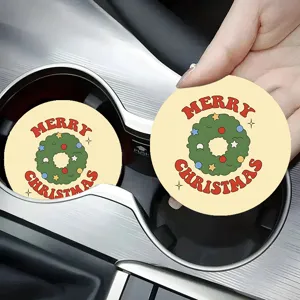 Christmas car cup coaster with cute wreath print, non-slip interior decor accessory for holiday.