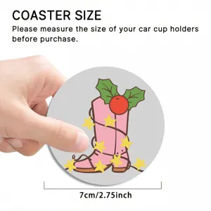 Detailed view of a pink Christmas cowboy boot car coaster with stars, diameter 7cm for auto decor.