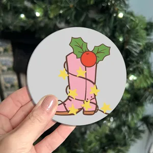 Christmas pink cowboy boot printed round coaster for home dining table coffee mug decoration.
