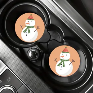 Cute cartoon snowman car cup coasters, non-slip absorbent drink mats for interior decor