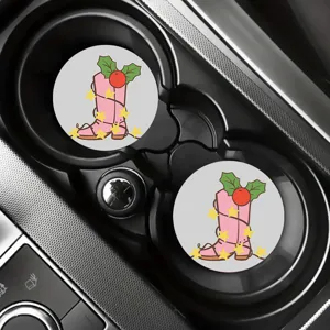 Pink cowboy boot car coaster with Christmas lights design, absorbent cup holder insert mat.