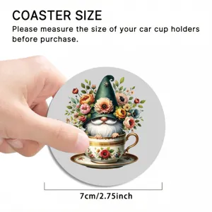 Round car coaster with cute gnome and floral teacup design, 7cm diameter drink holder mat.