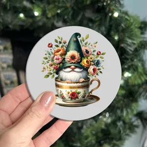 Christmas gnome cup coaster detail, vintage floral teacup design for home table decor.