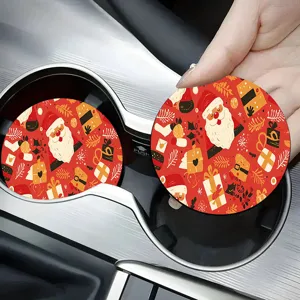 Christmas car coasters set, cute Santa Claus print round absorbent cup holder mats for auto.