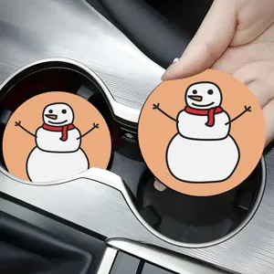 Cartoon Snowman Printed Car Coaster Non-slip Silicone Cup Mat Vehicle Interior Decoration Accessories Protective Pad For Car Cup Holder Christmas Gift