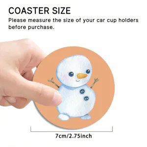 Cute watercolor snowman car coaster detail view, anti-slip cup holder mat for interior decor.