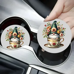 Floral gnome car coaster set, cute dwarf tea cup design absorbent ceramic cup holder mats.