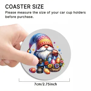 Easter gnome car coaster detail view, cute absorbent cup holder insert mat 7cm size.