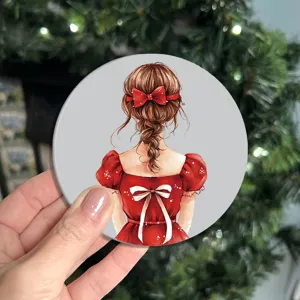 Minimalist Christmas girl illustration round cup coaster, home decor table mat, aesthetic gift.