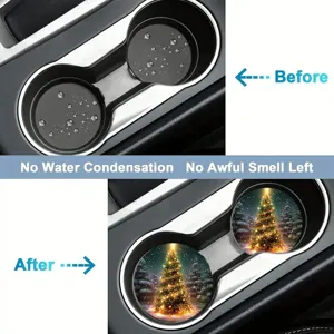 Christmas tree car cup holder coaster, anti-slip silicone mat for auto interior decor 2pcs.