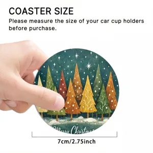 Christmas car coaster round absorbent ceramic cork mat holiday tree pattern 7cm diameter