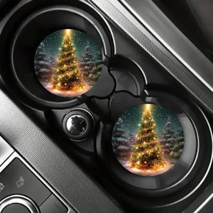 Christmas tree car cup coaster detail view, festive interior decorative accessory for vehicle.