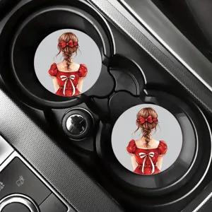 Cute cartoon girl printed car cup coasters, anti-slip absorbent auto drink coasters 2pcs