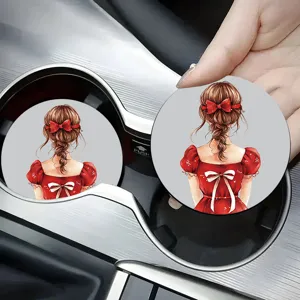 Car coasters absorbent ceramic cute red dress girl illustration vehicle cup holder inserts