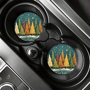 Christmas tree car cup holder coasters detail view, festive absorbent ceramic drink coaster.