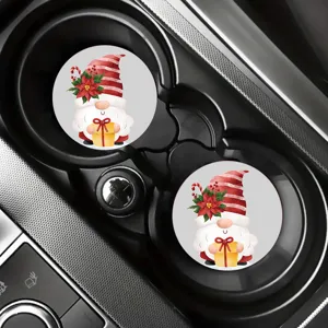 Christmas gnome car coasters set, absorbent round cup mats for auto interior decoration.