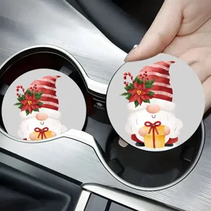 Christmas gnome car coasters round absorbent ceramic cup mats for auto interior decor gift