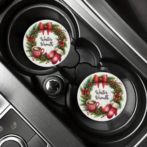 Retro Christmas car cup holder coasters with festive wreath print for holiday decor interior.