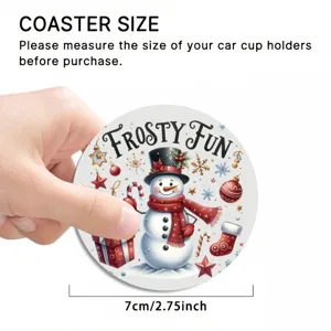 Close-up detail of a round Christmas snowman car coaster showing 7cm size and design.