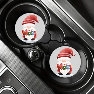 Christmas gnome car coasters set, absorbent ceramic cup holders for holiday auto decor and gifts.