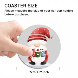 Christmas car coaster 7cm round cup mat festive gnome holiday auto interior accessory detail.