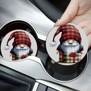 Detailed shot of Christmas gnome car coaster featuring red plaid hat design in cup holder.