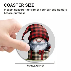Christmas diamond painting coaster detail view, cute gnome pattern, 7cm holiday cup mat decor.