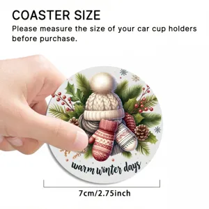 Round car cup coaster with cute winter knit hat and mitten design, diameter 7cm, 2.75 inch.