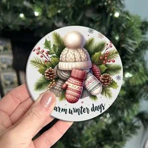 Round silicone car cup coaster with winter knit hat pattern, heat resistant design.