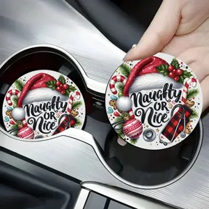 Christmas car cup coasters set, absorbent ceramic drink coaster with cute holiday design