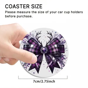 Car coaster with purple plaid bow and antlers, 7cm silicone cup holder insert pad.