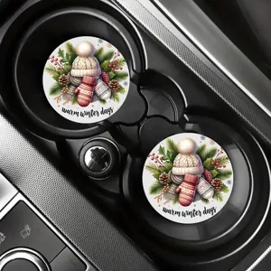 Round silicone car cup holder coasters with cute winter knit hat and pinecone design.