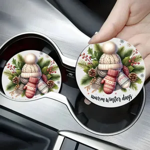 Round car cup holder coaster with cute winter knit hat and mitten pattern design for auto.