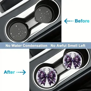 Car cup holder coasters with purple plaid bow design, silicone anti-slip auto accessories.