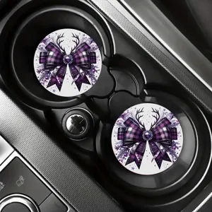 Round silicone car cup coasters with purple plaid bow and reindeer antlers, 2pcs set for auto.