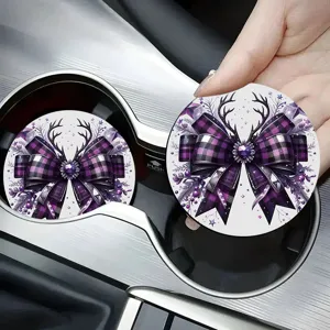 Round silicone car coaster purple plaid bow deer antler car cup holder mat decoration