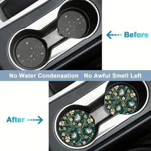 Car cup holder coasters set of 2, non-slip silicone absorbent pad with floral pattern.