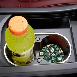 Non-slip silicone car cup holder coaster with vintage floral pattern for auto interior