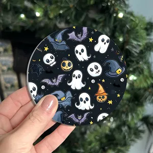 Posavasos redondo con patrón de dibujos animados de Halloween y base de goma suave para taza.