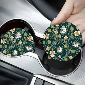Silicone car cup holder coasters with elegant vintage botanical floral pattern, 2 pcs set.