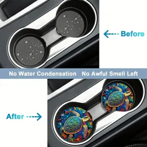 Car cup holder coasters with vibrant sea turtle pattern, absorbent silicone material for auto.