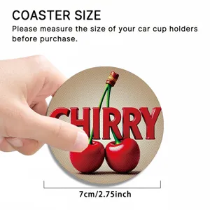 Absorbent car coaster with cute cherry pattern, 7cm diameter anti-slip cup holder mat.