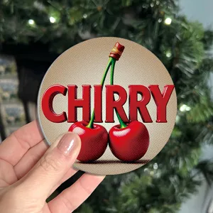 Absorbent ceramic drink coaster with retro cherry pattern, anti-slip table mat for home kitchen.