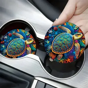 Silicone car cup holder coaster with vibrant sea turtle oceanic art design for auto interior