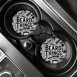 Schwarze und weiße runde Auto-Becheruntersetzer mit tollem Vintage-Barbershop-Design.
