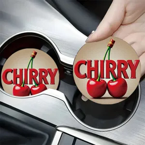 Absorbent non-slip car cup coasters with retro cherry print and fun text design.