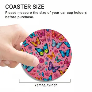 Close-up detail of the car cup holder coaster showing its 7cm size and colorful butterfly design.