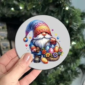 Close-up view of a cute gnome circular coaster featuring colorful Easter egg prints detail.