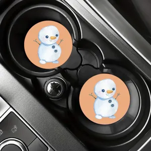 Cute cartoon snowman car coasters set, non-slip vehicle cup holder inserts, interior accessories.